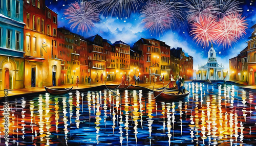 Colorful cityscape during a fireworks display. The sky is filled with a burst of vibrant colors  illuminating the city below and adding a sense of excitement and celebration to the scene. Generative A