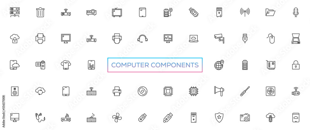 Vector icons of computer components. Editable Stroke. Parts of a PC, such as RAM memory, hdd ssd cpu processor. Keyboard mouse headphone speakers, laptop monitor server. Webcam printer scanner