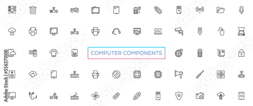 Vector icons of computer components. Editable Stroke. Parts of a PC, such as RAM memory, hdd ssd cpu processor. Keyboard mouse headphone speakers, laptop monitor server. Webcam printer scanner