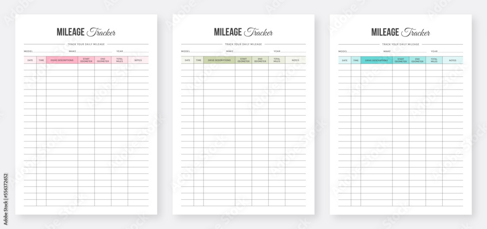 Printable Mileage Tracker. Mileage Log Tracker. Mileage Log Planner. Daily Mileage Log Template. Modern Planner Template Set. Vehicle Mileage Log Tracker. Set of vector. Eps10 vector.