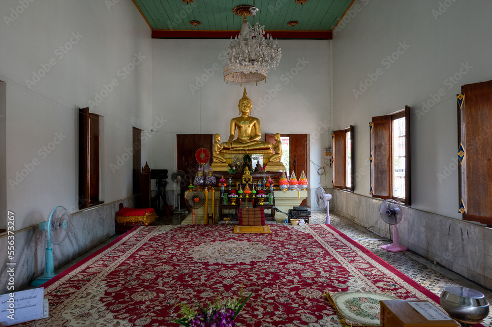 Chachoengsao, Thailand, August 14, 2022 : Wat Chuk Krachoe, Inside the chapel, there is a Buddha statue that is a place of worship.