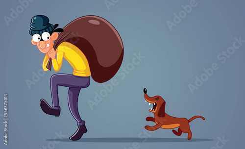 Stressed Robber Followed by Watch Dog Vector Cartoon Illustration. Scared robber running away from a security dog 
