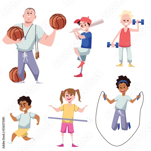 Schoolchildren and coach at physical education lesson flat vector isolated.