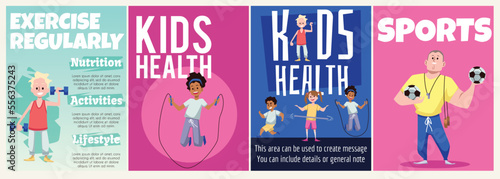 Kids health and physical education banners set, flat vector illustration.