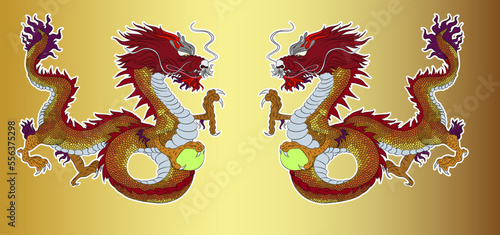 Japanese red dragon tattoo.Dragon on red background for Chinese New Year.Gold Chinese Dragon vector.Gold line art King Dragon tattoo.cartoon vector for t-shirt.