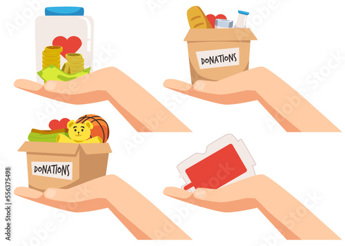 Donation and charity flat vector illustrations isolated on white background.
