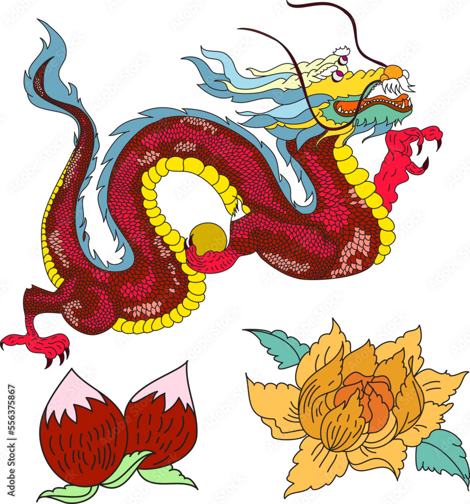 Japanese red dragon tattoo.Dragon on red background for Chinese New Year.Gold Chinese Dragon vector.Gold line art King Dragon tattoo.cartoon vector for t-shirt. Japanese red dragon tattoo.Dragon on red background for Chinese New Year.Gold Chinese Dragon vector.Gold line art King Dragon tattoo.cartoon vector for t-shirt.
