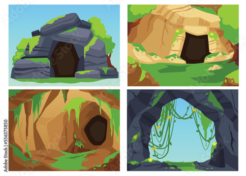 Stone cave entrances set, wild nature landscape - cartoon flat vector illustration.