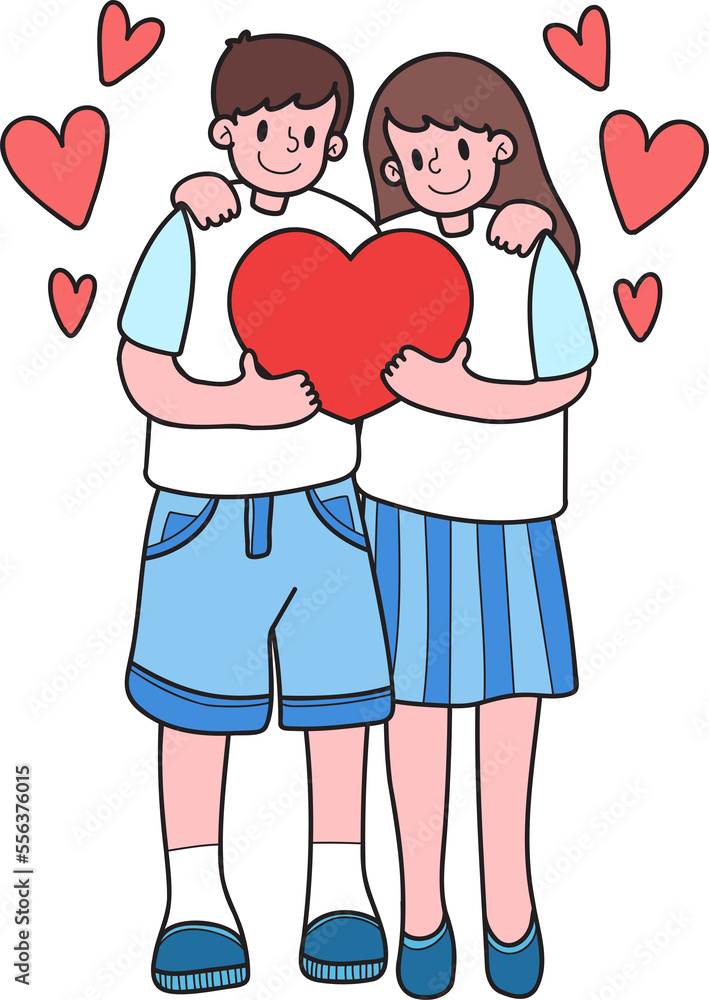 Hand Drawn couple men and women with heart balloons are hugging illustration Hand Drawn couple men and women with heart balloons are hugging illustration