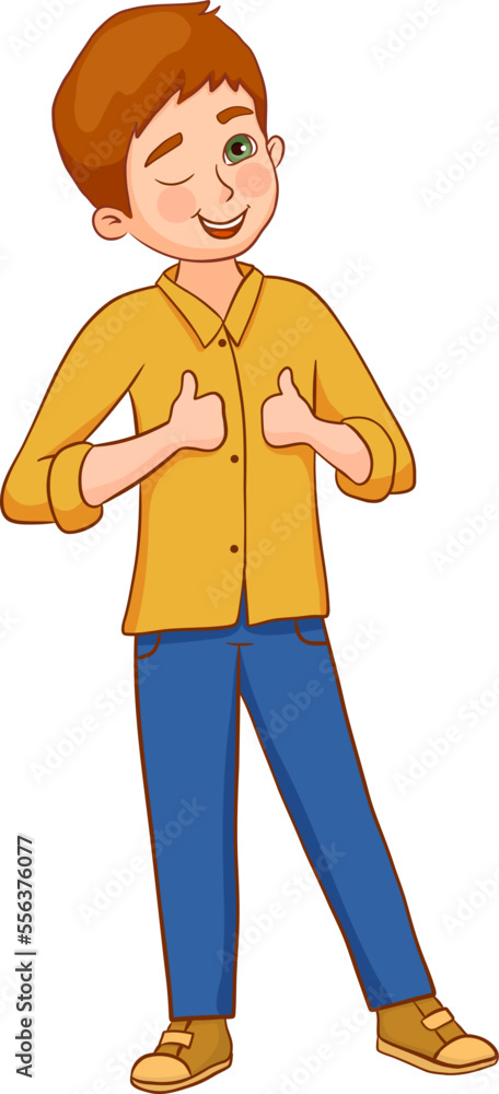 Obraz premium Little cute happy boy showing thumbs. Vector flat cartoon illustration isolated on white background.