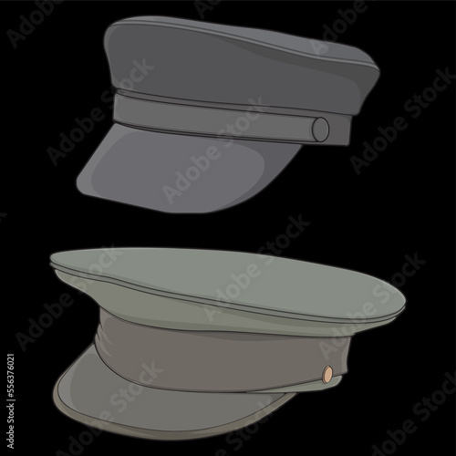 Set of military cap vector illustration isolated on black background. Military cap vector for coloring book.