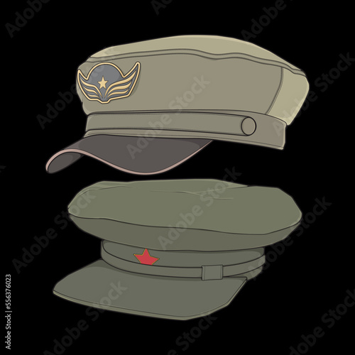 Set of military cap vector illustration isolated on black background. Military cap vector for coloring book.