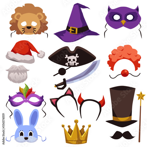 Kids carnival masks set, party accessories - flat vector illustration isolated on white background.