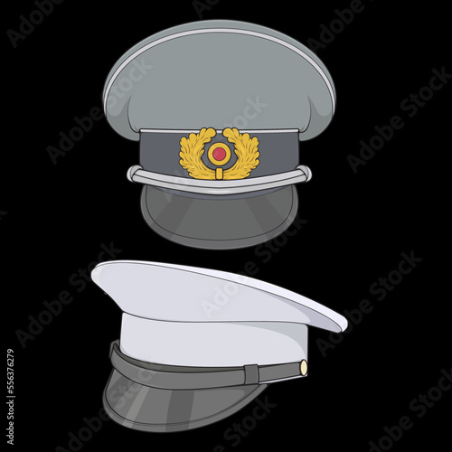 Set of military cap vector illustration isolated on black background. Military cap vector for coloring book.