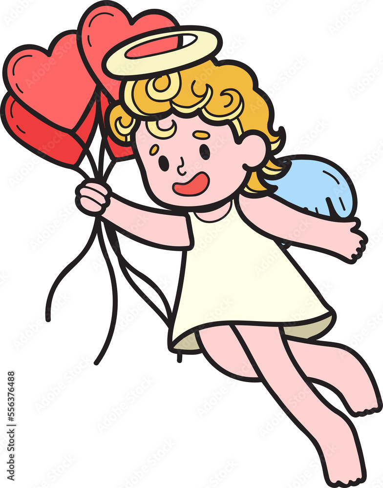 Hand Drawn Cupid with heart balloons illustration Hand Drawn Cupid with heart balloons illustration