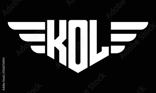 KOL three letter logo, creative wings shape logo design vector template. letter mark, wordmark, monogram symbol on black & white.
