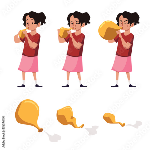 Child inflating rubber balloon with air, flat vector illustration isolated on white background.