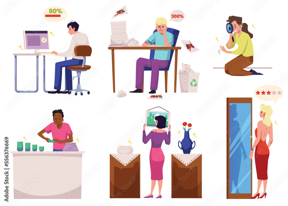 Perfectionists characters of people set flat vector illustration isolated. Perfectionists characters of people set flat vector illustration isolated.