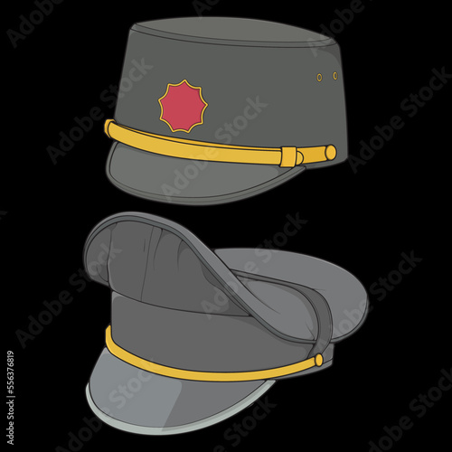 Set of military cap vector illustration isolated on black background. Military cap vector for coloring book.