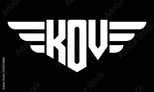 KOV three letter logo, creative wings shape logo design vector template. letter mark, wordmark, monogram symbol on black & white. photo