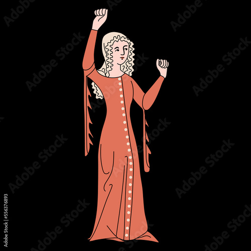 Standing medieval woman in a red dress with a raised fist. On black background.