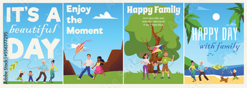 Family day and recreation cards bundle, flat cartoon vector illustration.