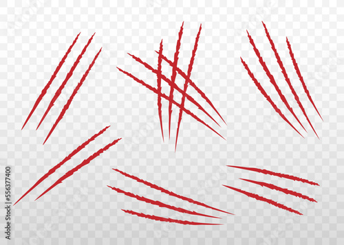 Set of red different claws scratches flat style, vector illustration