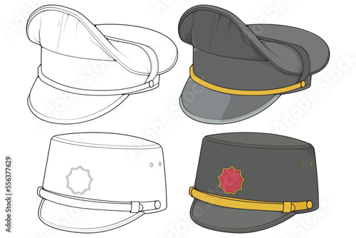 Set of military cap vector illustration isolated on white background. Military cap vector for coloring book.