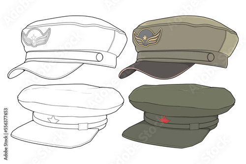 Set of military cap vector illustration isolated on white background. Military cap vector for coloring book.