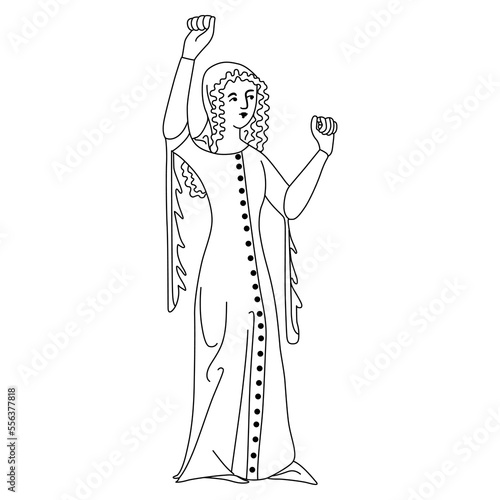 Standing medieval woman in a long dress with a raised fist. Black and white linear silhouette.