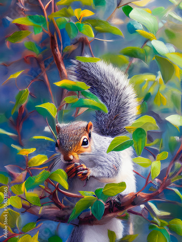 Squirrel in a lush  green forest setting. The small  agile animal is shown perched atop a delicate branch  its bright eyes and fluffy tail adding a touch of whimsy to the scene.. Generative AI