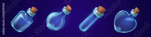 Empty glass bottles, jars with corks for magic potions, elixirs, chemical poisons. Clear flask, vial, tube and beaker isolated on background, vector cartoon illustration