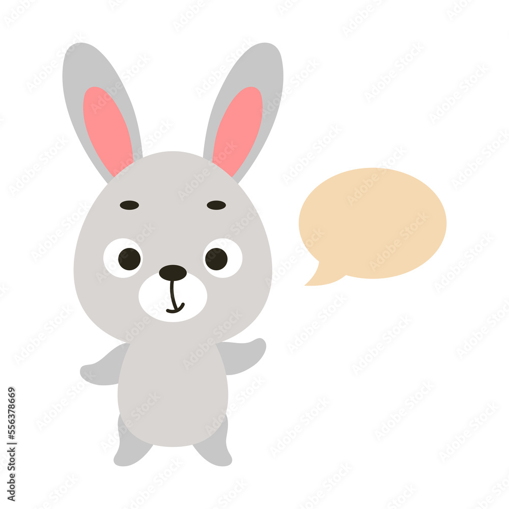 Cute little bunny with speech bubble on white background. Cartoon animal character for kids t-shirt, nursery decoration, baby shower, greeting card, house interior. Vector stock illustration Cute little bunny with speech bubble on white background. Cartoon animal character for kids t-shirt, nursery decoration, baby shower, greeting card, house interior. Vector stock illustration