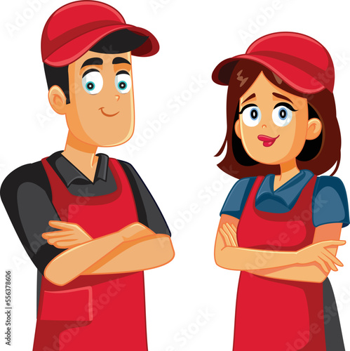Supermarket Staff Working Together Vector Cartoon Illustration. Cheerful retail workers smiling and greeting customers 
