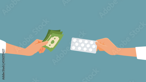 Patient Paying for Expensive Medical Treatment Vector Cartoon illustration. Customer buying pricey pills from the pharmacy after costs inflation
