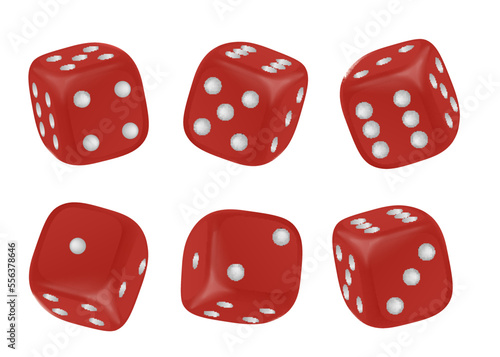 Set of red realistic cubic dices with different numbers of dots from one to six