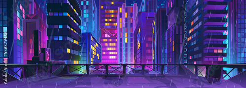 Rainy night cityscape with neon lights. Rooftop view of rainfall in modern big city, colorful skyscrapers glowing in darkness. Urban architecture, neon lights illumination. Cartoon vector illustration