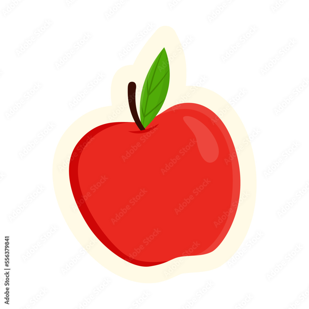 Cute ripe red apple with green leaf isolated on white background. Autumn flat vector illustration. Autumn or fall concept Cute ripe red apple with green leaf isolated on white background. Autumn flat vector illustration. Autumn or fall concept