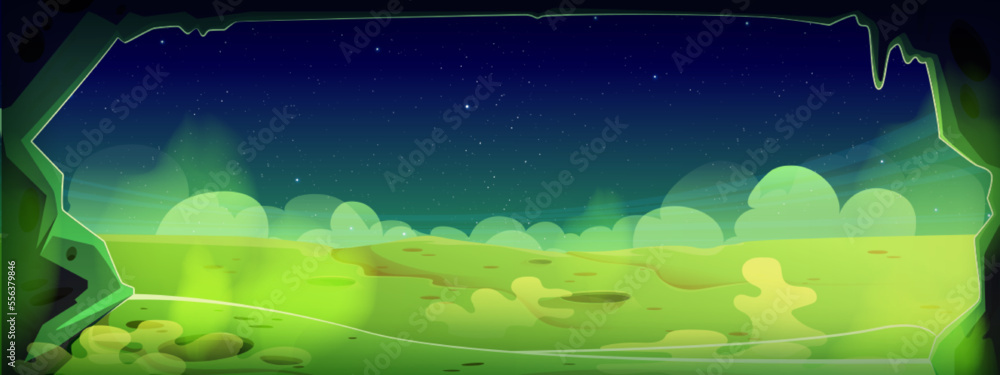 View from cave at green alien planet surface with craters and toxic fog ...