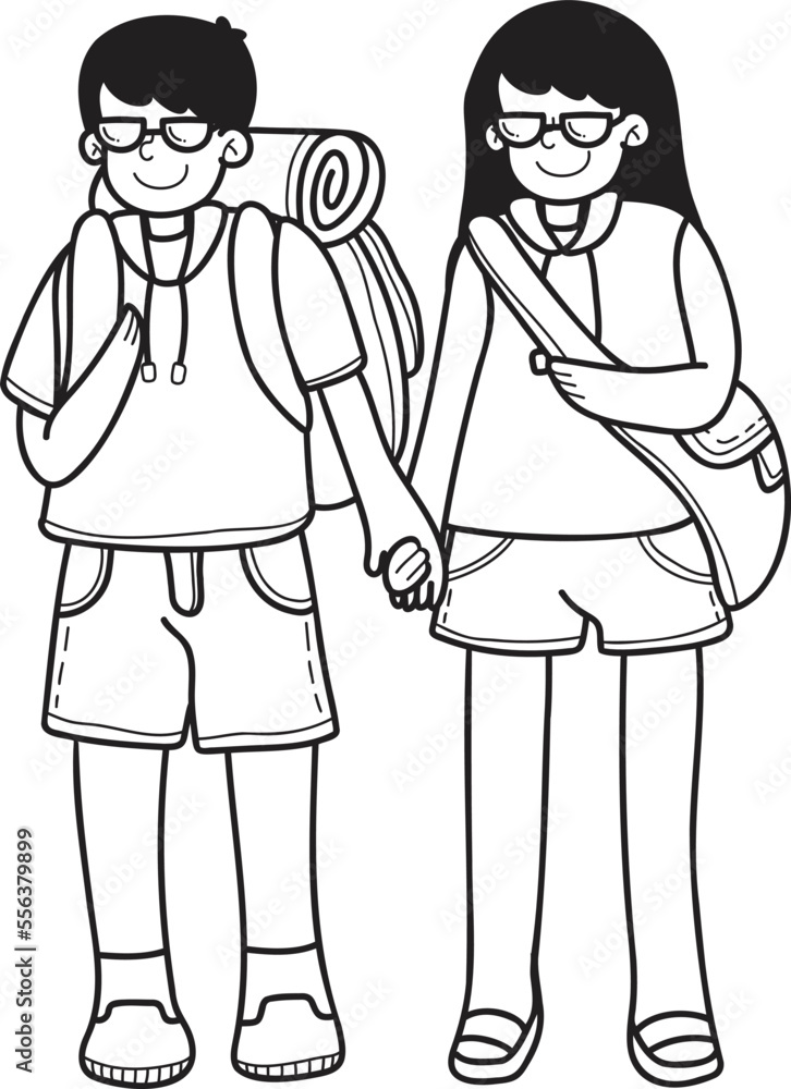 Hand Drawn couple men and women traveling illustration Hand Drawn couple men and women traveling illustration