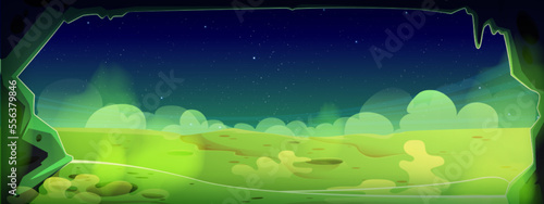 View from cave at green alien planet surface with craters and toxic fog in air. Cartoon vector illustration of uninhabited land with poisonous gas and night starry sky. Space adventure game background