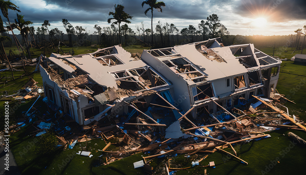 Scene of devastation as a hurricane has ravaged a once-beautiful house. The roof is missing, windows are shattered, and debris is scattered everywhere. The stark contrast between the destruction and t