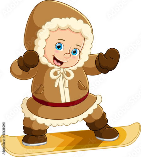 Cartoon eskimo boy playing snowboard