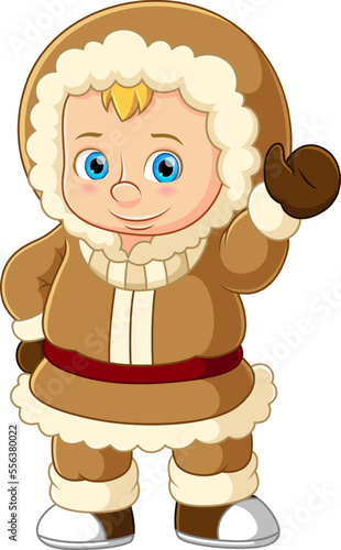 Eskimo clothes. Happy little kids waving