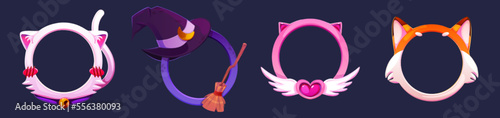 Circle game avatar frames with cats and fox ears, witch hat and broom. Empty round borders for gamer avatar. Fantasy frames in shape of cute animals, vector cartoon set