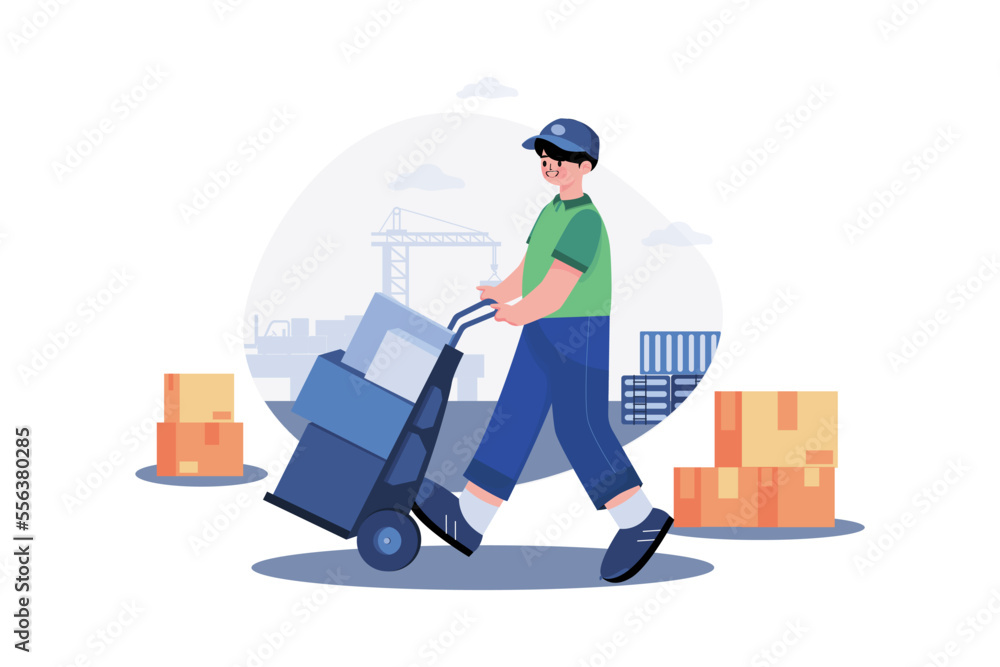 Caucasian deliveryman wheeling trolley with carton boxes Caucasian deliveryman wheeling trolley with carton boxes