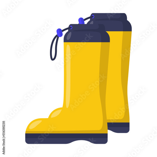 Yellow Wellington boots vector illustration. Rubber shoes or wellies, children or whole family on white background. Autumn or fall, fashion or footwear concept
