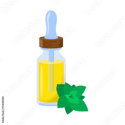 Essential oil with plant fragrances vector illustration. Glass bottle with mint oil. Aromatherapy, perfume concept