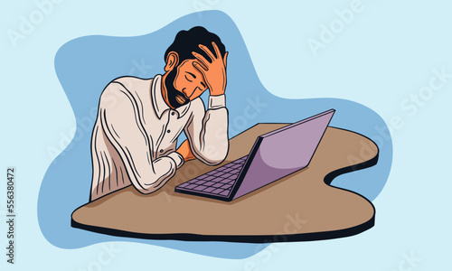 sad, frustrated man working on laptop, frustrated man hand drawn vector