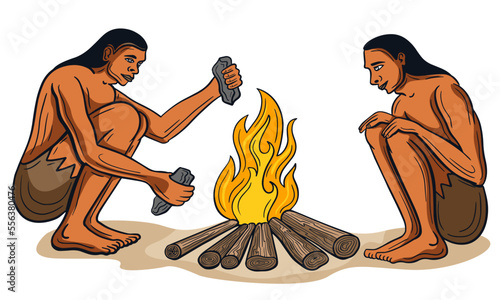 stone age people, caveman, primitive people around fire, ancient tribe hand drawn vector